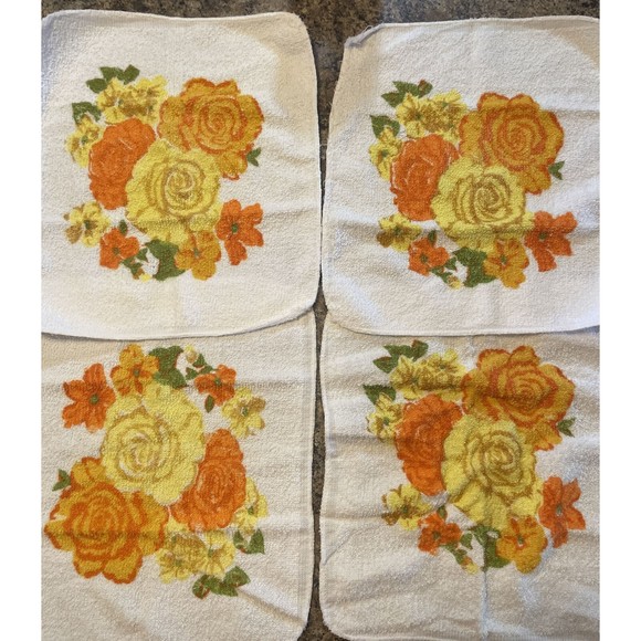 Vintage Cannon Washcloth Set Of  Floral Orange Yellow Rose Floral Pattern - Picture 1 of 9